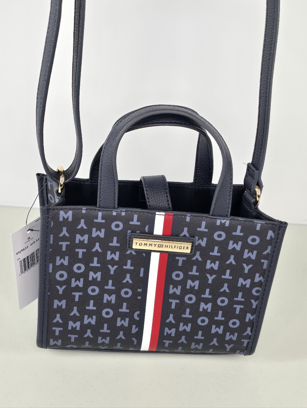 Tommy Hilfiger Signature Monogram Mini Tote Crossbody Navy Stripe Bag NWT